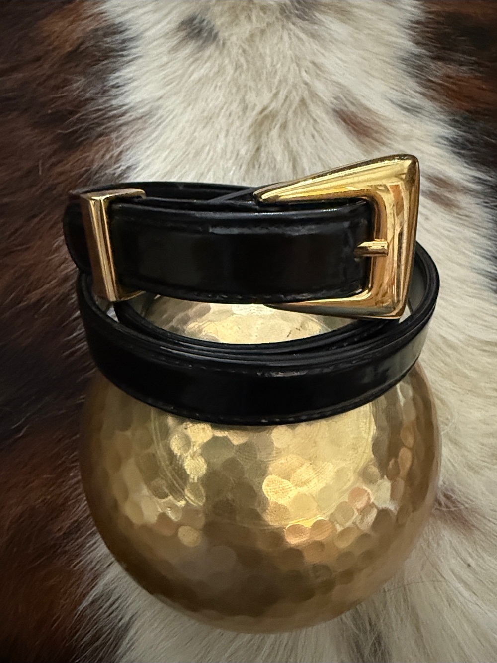 St. John Black Patent Leather Belt with Gold Buckle